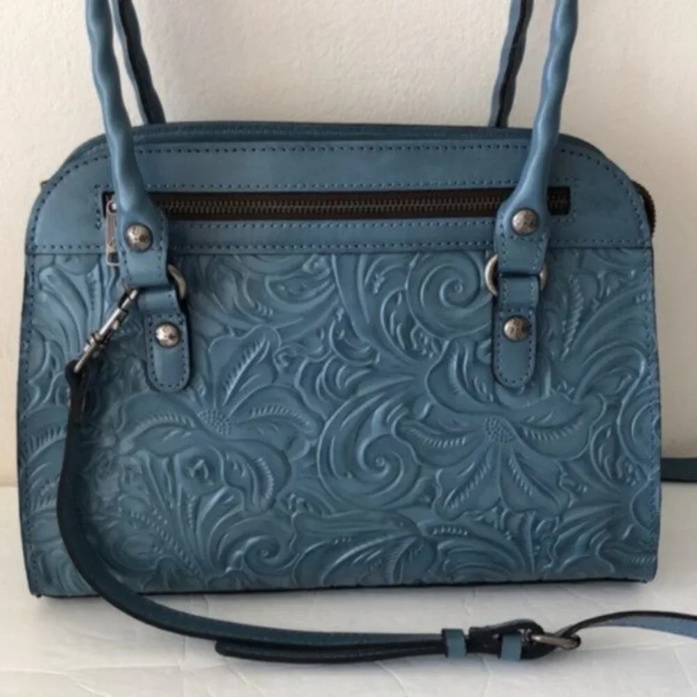 PATRICIA NASH LEATHER CALVI TOOLED FLORAL SATCHEL CROSSBODY SAFFLOWER BLUE